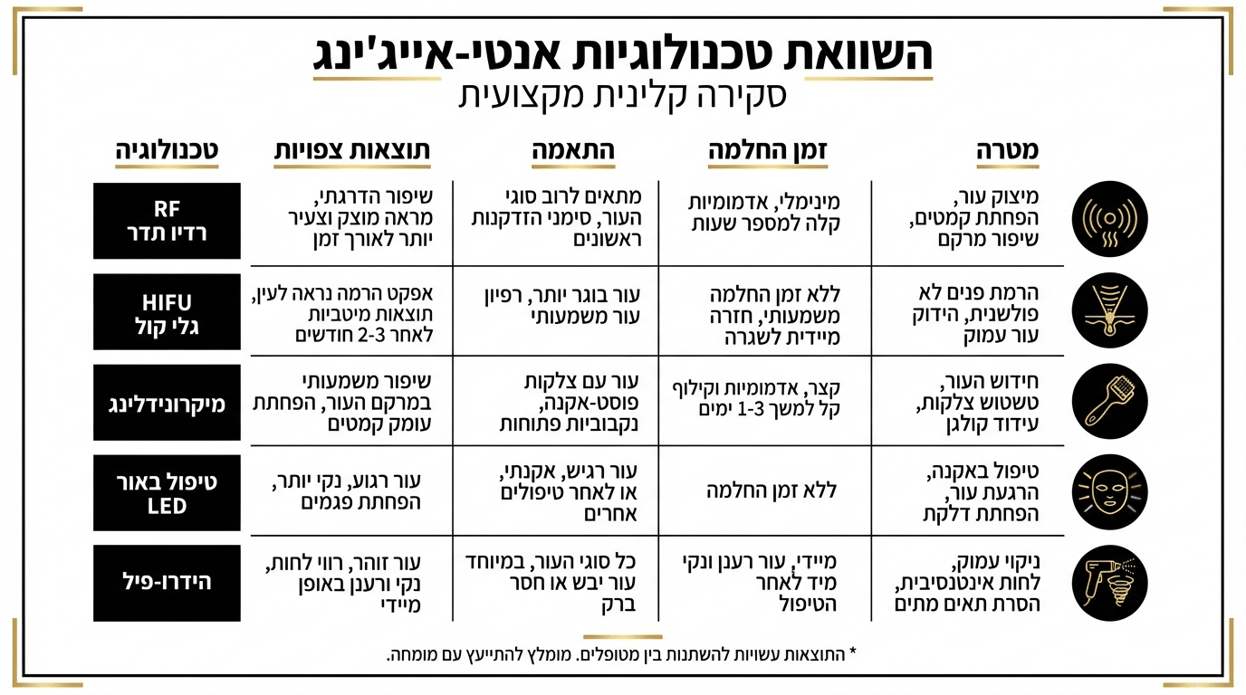 טבלת השוואת טכנולוגיות אנטי אייג'ינג